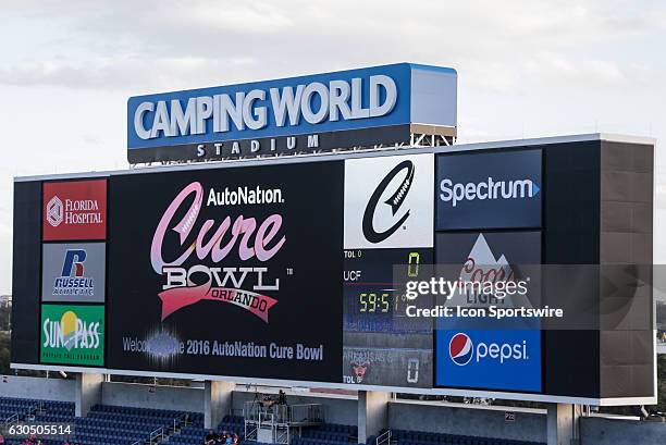 The scoreboard at Camping World Stadium during the AutoNation Cure Bowl on December 17 at Camping World Stadium in Orlando, Fl. Arkansas State won...