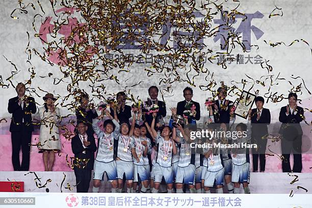 Players of INAC Kobe Leonessa celebrate the victory after the 38th Empress's Cup Final between Albirex Niigata Ladies and INAC Kobe Leonessa at...