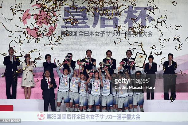 Players of INAC Kobe Leonessa celebrate the victory after the 38th Empress's Cup Final between Albirex Niigata Ladies and INAC Kobe Leonessa at...