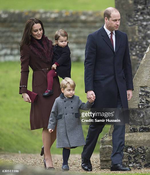 Prince William, Duke of Cambridge, Catherine, Duchess of Cambridge, Prince George of Cambridge and Princess Charlotte of Cambridge attend Church on...