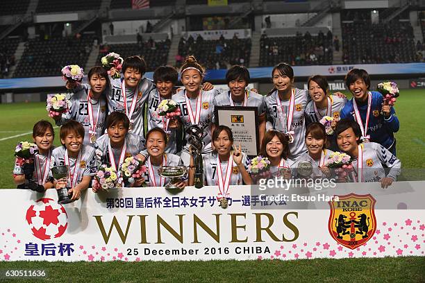 Players of INAC Kobe Leonessa celebrate their victory after the 38th Empress's Cup Final between Albirex Niigata Ladies and INAC Kobe Leonessa at...