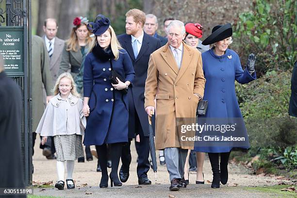 Savannah Phillips, Autumn Phillips, Prince Harry, Prince Charles, Prince of Wales, Princess Eugenie and Camilla, Duchess of Cornwall attend a...