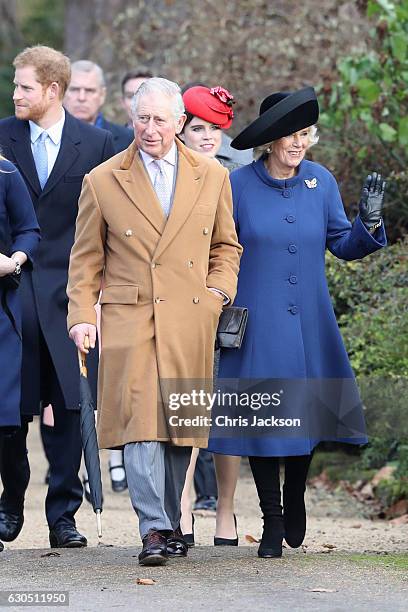 Prince Harry, Prince Charles, Prince of Wales, Princess Eugenie and Camilla, Duchess of Cornwall attend a Christmas Day church service at Sandringham...