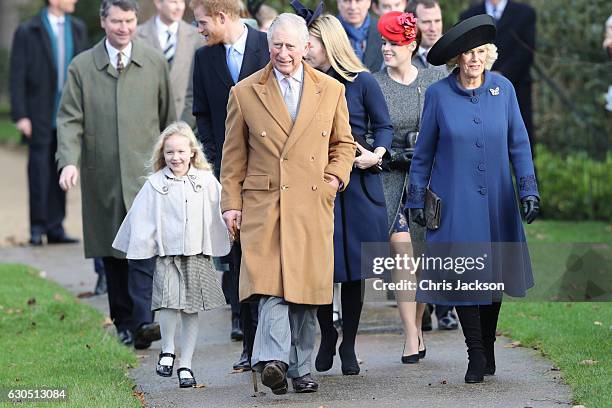 Savannah Phillips, Autumn Phillips, Prince Harry, Prince Charles, Prince of Wales, Princess Eugenie and Camilla, Duchess of Cornwall attend a...