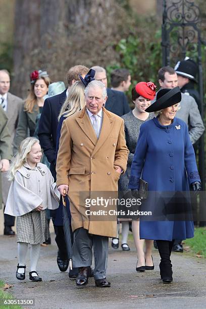 Savannah Phillips, Prince Charles, Prince of Wales, Princess Eugenie and Camilla, Duchess of Cornwall attend a Christmas Day church service at...
