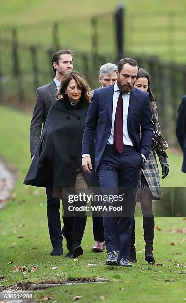 James Middleton , Pippa Middleton, Carole Middleton , James Matthews and Michael Middleton arrive to attend the service at St Mark's Church on...