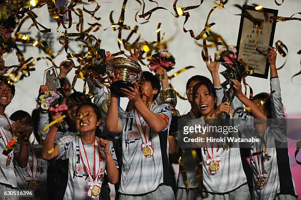 Players of INAC Kobe Leonessa celebrate with the trophy after the 38th Empress's Cup Final between Albirex Niigata Ladies and INAC Kobe Leonessa at...
