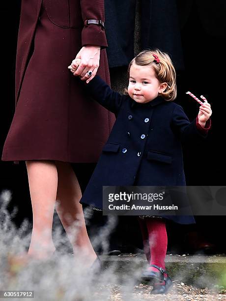 Catherine, Duchess of Cambridge and Princess Charlotte of Cambridge attend a Christmas Day service at St. Marks Church on December 25, 2016 in...
