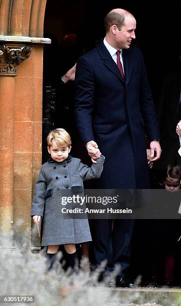 Prince William, Duke of Cambridge and Prince George of Cambridge attend a Christmas Day service at St. Marks Church on December 25, 2016 in...