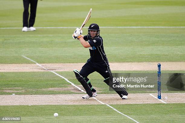 Tom Latham of New Zealand bats during the first One Day International match between New Zealand and Bangladesh at Hagley Oval on December 26, 2016 in...