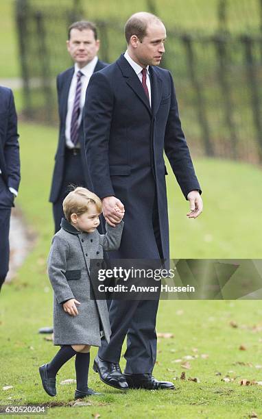 Prince William, Duke of Cambridge and Prince George of Cambridge attend a Christmas Day service at St. Marks Church on December 25, 2016 in...