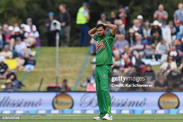 Mashrafe Mortaza of Bangladesh reacting during the first One Day International match between New Zealand and Bangladesh at Hagley Oval on December...