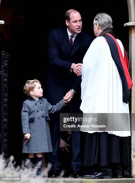 Prince William, Duke of Cambridge and Prince George of Cambridge attend a Christmas Day service at St. Marks Church on December 25, 2016 in...