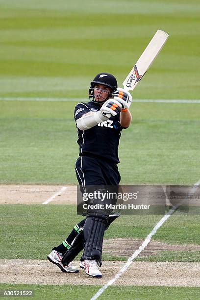 Tom Latham of New Zealand bats during the first One Day International match between New Zealand and Bangladesh at Hagley Oval on December 26, 2016 in...