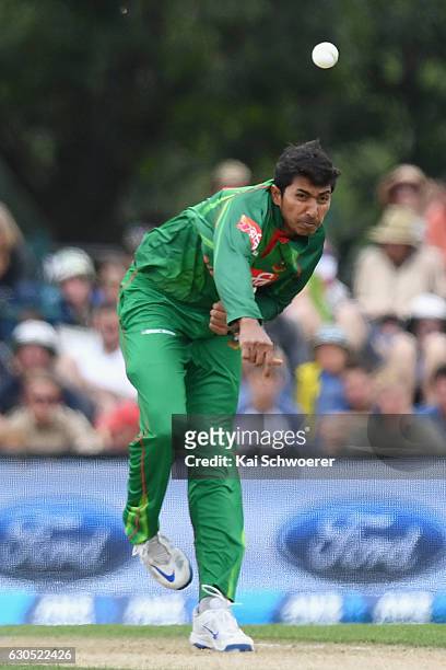 Soumya Sarkar of Bangladesh bowling during the first One Day International match between New Zealand and Bangladesh at Hagley Oval on December 26,...