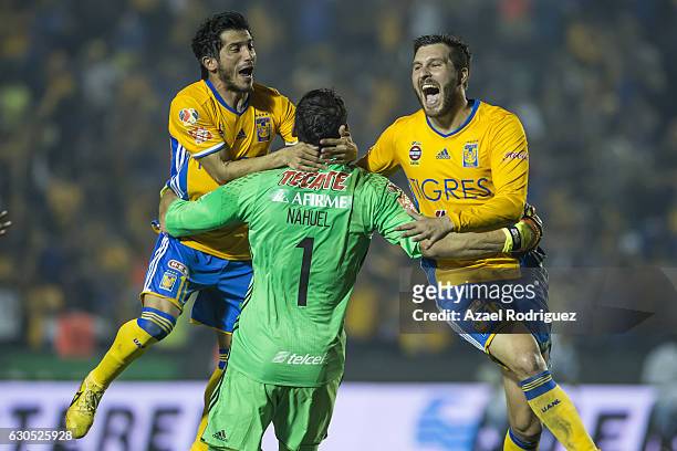 Damian Alvarez Nahuel Guzman and Andre Gignac of Tigres celebrate after the Final second leg match between Tigres UANL and America as part of the...