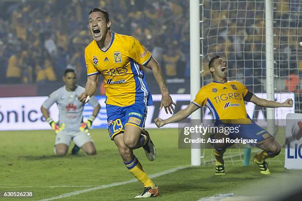 Jesus Duenas of Tigres celebrates after scoring his team's first goal and forces a round of penalties during the Final second leg match between...