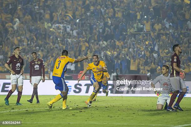 Jesus Duenas of Tigres celebrates after scoring his team's first goal and forces a round of penalties during the Final second leg match between...