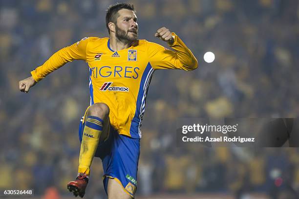 Andre Gignac of Tigres celebrates after scoring a penalty during the Final second leg match between Tigres UANL and America as part of the Torneo...