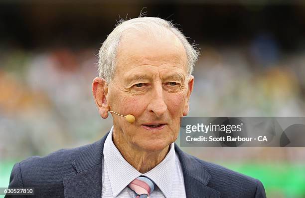 Channel Nine commentator Bill Lawry looks on during day one of the Second Test match between Australia and Pakistan at Melbourne Cricket Ground on...