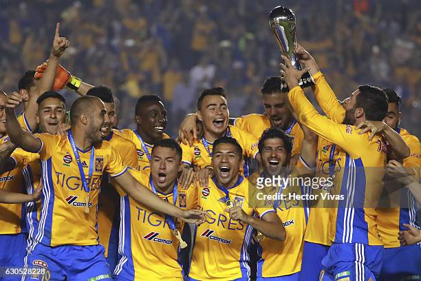 Andre Pierre Gignac of Tigres holds the champions trophy after the Final second leg match between Tigres UANL and America as part of the Torneo...