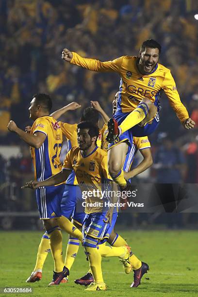 Andre Pierre Gignac of Tigres celebrates his team's victory in penalty series after the Final second leg match between Tigres UANL and America as...