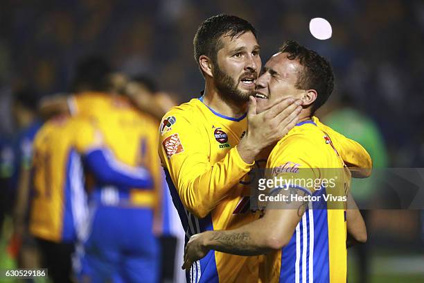 Andre Pierre Gignac of Tigres celebrates with teammate Jesus Duenas after winning the game during the Final second leg match between Tigres UANL and...