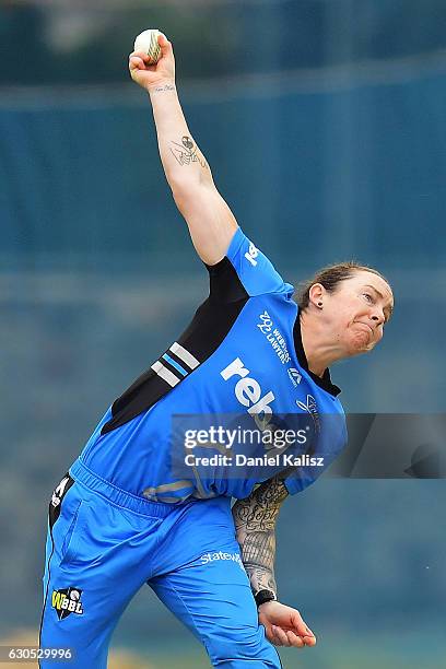 Sarah Coyte of the Adelaide Strikers bowls during the WBBL match between the Adelaide Strikers and the Hobart Hurricanes at Gliderol Stadium on...