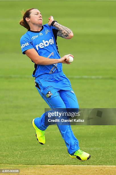 Sarah Coyte of the Adelaide Strikers bowls during the WBBL match between the Adelaide Strikers and the Hobart Hurricanes at Gliderol Stadium on...