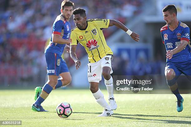 Roy Krishna of the Phoenix controls the ball during the round 12 A-League match between the Newcastle Jets and the Wellington Phoenix at McDonald...