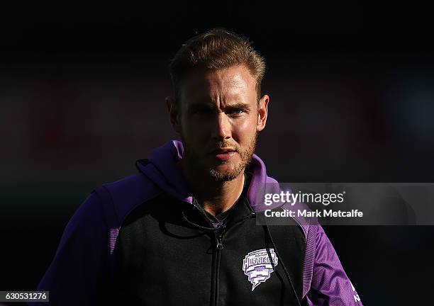 Stuart Broad of the Hurricanes looks on during warm up before the Big Bash League match between the Hobart Hurricanes and Sydney Stars at Blundstone...