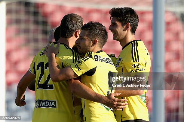 Wellington Phoenix celebrate their second goal during the round 12 A-League match between the Newcastle Jets and the Wellington Phoenix at McDonald...