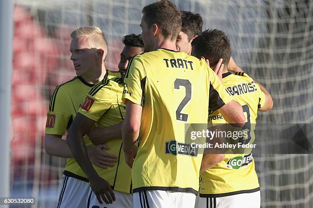 Wellington Phoenix celebrate their second goal during the round 12 A-League match between the Newcastle Jets and the Wellington Phoenix at McDonald...