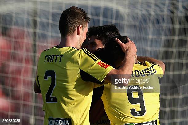 Wellington Phoenix celebrate their second goal during the round 12 A-League match between the Newcastle Jets and the Wellington Phoenix at McDonald...