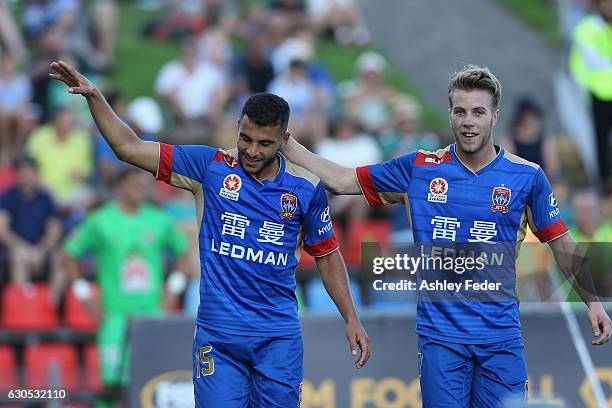 Andrew Nabbout and Andrew Hoole of the Jets celebrate a goal during the round 12 A-League match between the Newcastle Jets and the Wellington Phoenix...