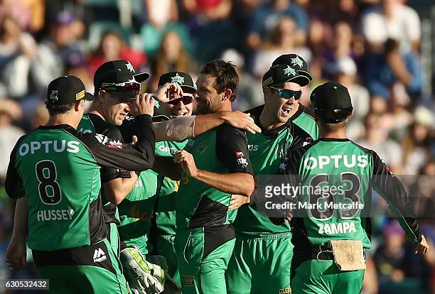Ben Hilfenhaus of the Stars celebrates with team mates after taking the wicket of D'Arcy Short of the Hurricanes during the Big Bash League match...