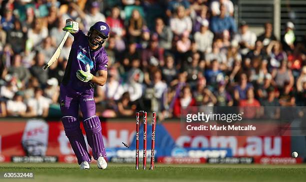 Dom Michael of the Hurricanes is bowled by Ben Hilfenhaus of the Stars during the Big Bash League match between the Hobart Hurricanes and Sydney...