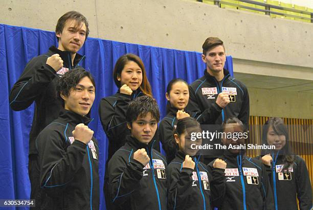 Skaters selected as Japanese representitives for the World Championship 2016 pose for photographs at a press conference during day four of the 85th...