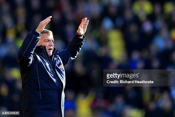 Sam Allardyce, manager of Crystal Palace reacts during the Premier League match between Watford and Crystal Palace at Vicarage Road on December 26,...