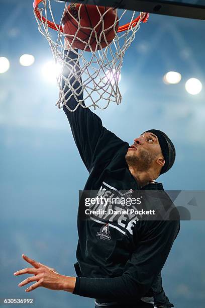 Josh Boone of Melbourne United warms up prior to the round 12 NBL match between Melbourne and Brisbane at Hisense Arena on December 26, 2016 in...