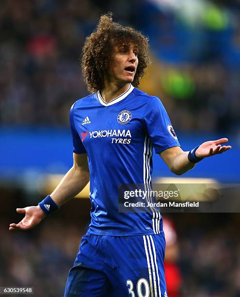 David Luiz of Chelsea reacts during the Premier League match between Chelsea and AFC Bournemouth at Stamford Bridge on December 26, 2016 in London,...