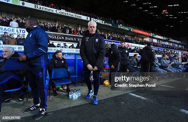 Ipswich Town Manager Mick McCarthy looks on during the Sky Bet Championship match between Ipswich Town and Fulham at Portman Road on December 26,...