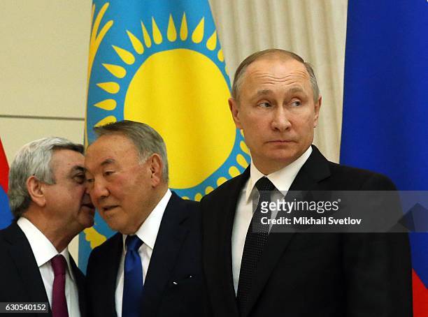 President of Armenia Serge Sargsyan, Kazakh President Nursultan Nazarbayev and Russian President Vladimir Putin are seen during the Collective...