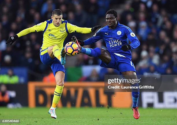 Kevin Mirallas of Everton and Daniel Amartey of Leicester City compete for the ball during the Premier League match between Leicester City and...