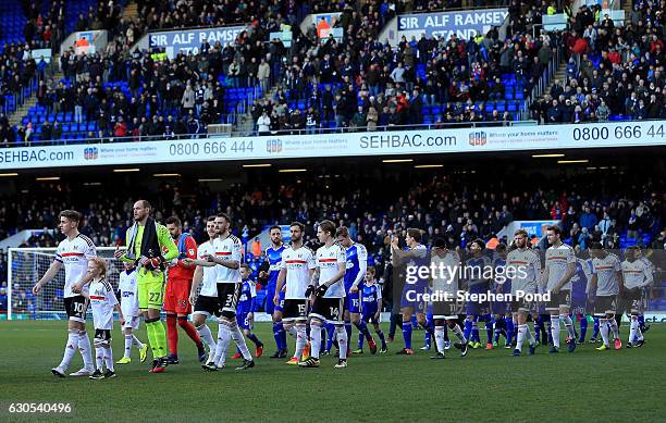 Players walk out ahead of the Sky Bet Championship match between Ipswich Town and Fulham at Portman Road on December 26, 2016 in Ipswich, England.