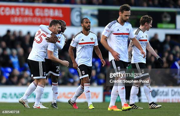 Chris Martin of Fulham celebrates scoring the opening goal with a free kick during the Sky Bet Championship match between Ipswich Town and Fulham at...