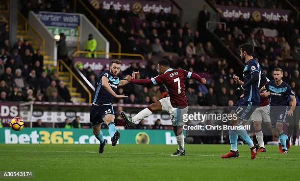 Andre Gray of Bunley scores the opening goal of the game during the Premier League match between Burnley and Middlesbrough at Turf Moor on December...