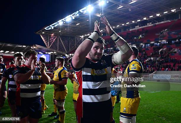 James Phillips of Bristol Rugby thanks the fans as he leaves the field following his side's victory during the Aviva Premiership match between...