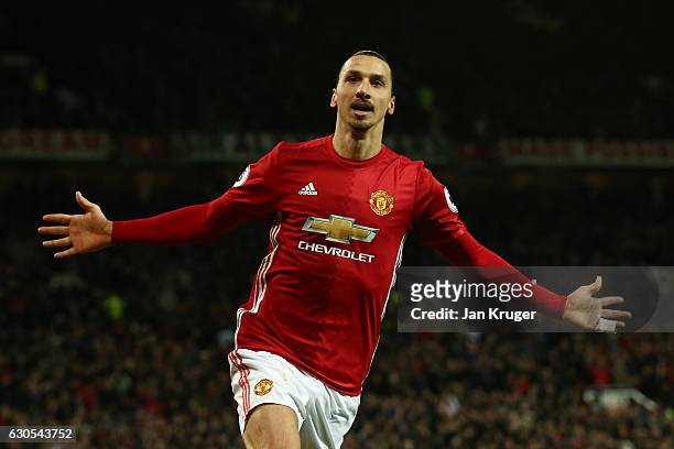 Zlatan Ibrahimovic of Manchester United celebrates after scoring his team's second goal during the Premier League match between Manchester United and...