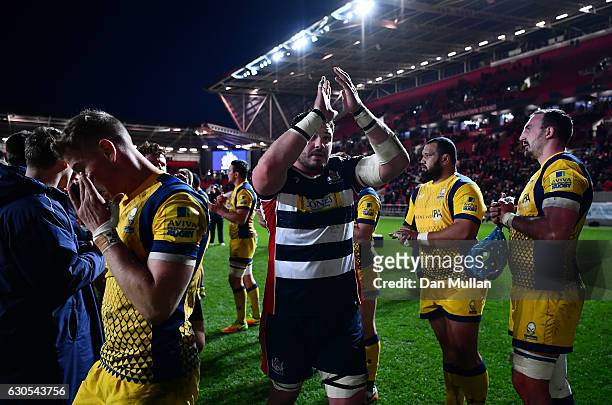James Phillips of Bristol Rugby thanks the fans as he leaves the field following his side's victory during the Aviva Premiership match between...